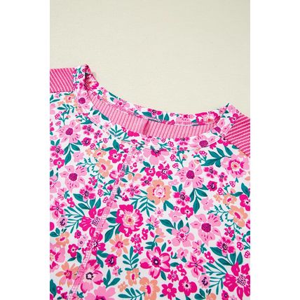 Pink Plus Size Floral Print Corded Patchwork Loose Top