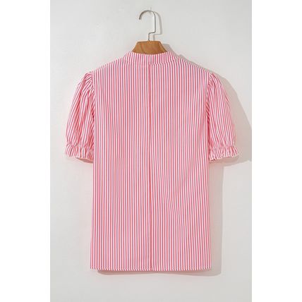 Pink Stripe Notched Neck Frilled Short Puff Sleeve Blouse