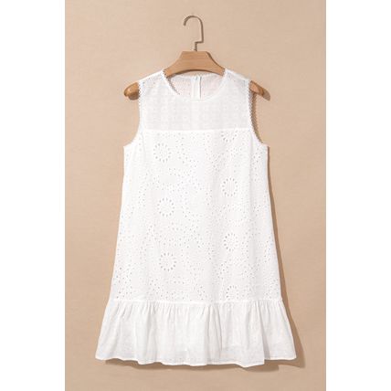 White Floral Eyelet Embroidered Sleeveless Shift Dress