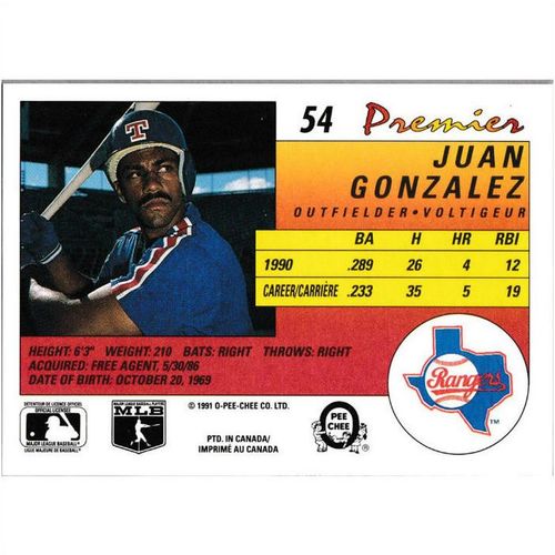 1991 O-Pee-Chee Premier - #54 - Juan Gonzalez