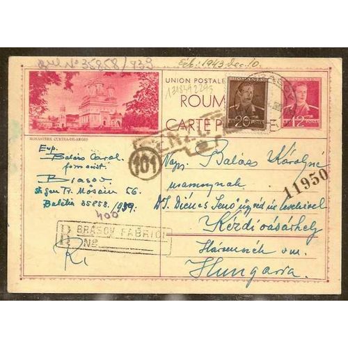 Romania Postal Card uprated to Hungary 1943 CENSORED REGISTERED
