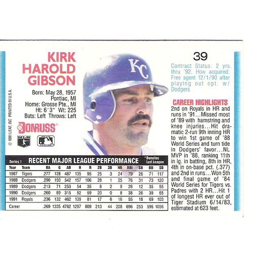1992 Donruss Kirk Gibson baseball card #39- NM-Royals