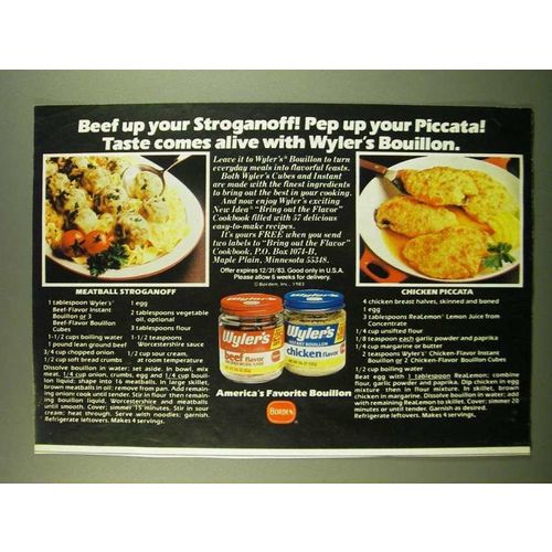 1983 Borden Wyler's Bouillon Ad - Meatball stroganoff & Chicken Piccata