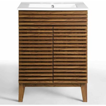 Mid-Century Modern Bathroom Vanity Walnut Grain Laminate Tapered Legs White Sink