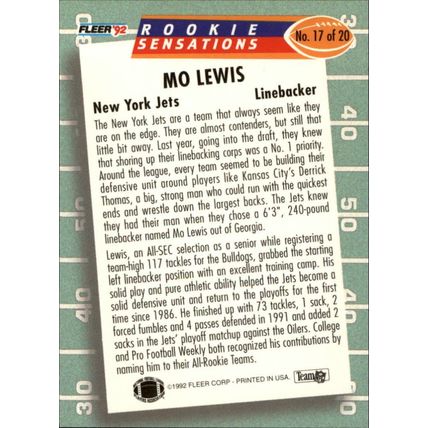 1992 Fleer Rookie Sensations Mo Lewis # 17 of 20