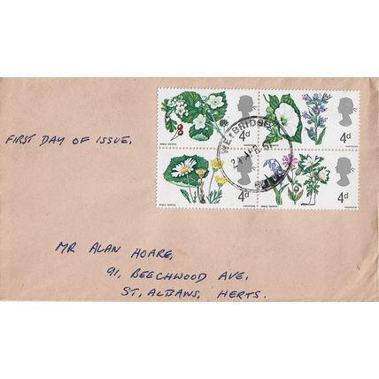 GB 1967 British Flowers 4d block of 4 FDC Weybridge pm