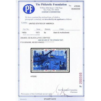 1483c, Mint VF NH Black Litho Color Omitted Error With PFC Cert - Stuart Katz