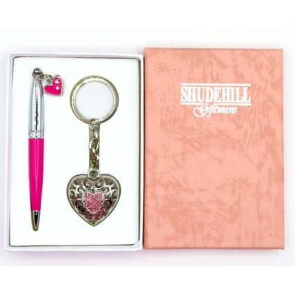 Pink Pen with Heart Charm & Heart Keyring Set Boxed Gift Writing Black Ink