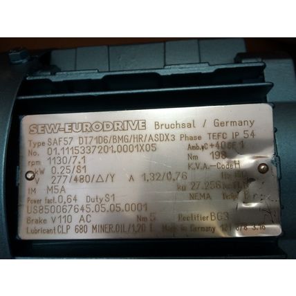 SEW EURODRIVE SAF57-DT71D6/BMG/HR/ASDX 3 Phase MOTOR,0.25 KW,277/480 VAC,BN