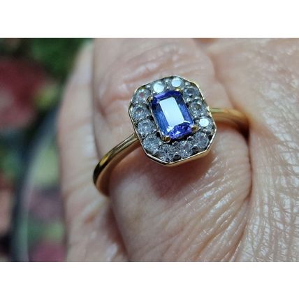 Tanzanite & Natural Zircon Deco Halo Ring Size R½ 14K Gold Overlay 925 Silver