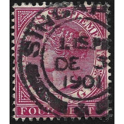 STRAITS SETTLEMENTS 1899 4c wmk.CA Sc#43 "Singapore" USED @N675