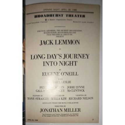 LONG DAY'S JOURNEY INTO NIGHT - PLAYBILL - OPENING NIGHT, April 1986 Jack Lemmon