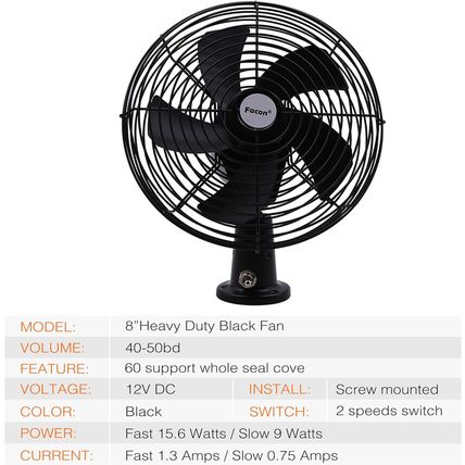 Facon 12V RV Cooling Fan with 2 Speed Switch, Dia: 8-3/4’’, Heavy Duty Black Met