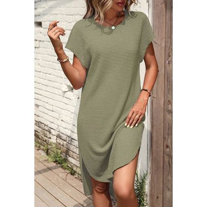 Jungle Green Waffle Texture Curved Hem Side Slit T-shirt Dress