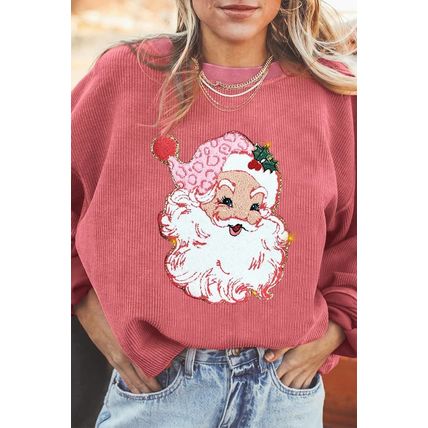 Strawberry Pink Santa Claus Sparkle Corded Crew Neck Sweatshirt