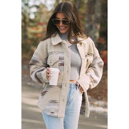 Khaki Western Aztec Print Sherpa Splicing Buttoned Flap Pocket Coat