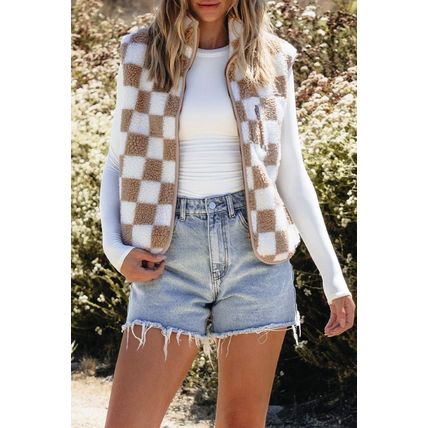 Khaki Checkered Sherpa Collared Jacket Vest