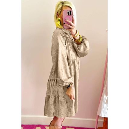 Apricot Metallic Sheen Puff Sleeve Button Up Mini Shirt Dress