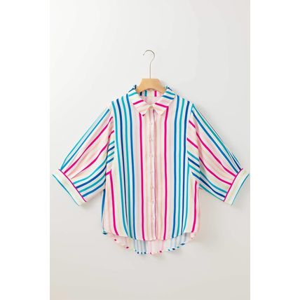 Pink Stripe 3/4 Sleeve Button Up Casual Shirt