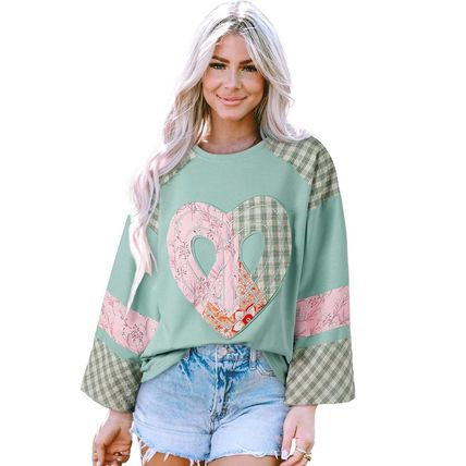 Clearly Aqua Plaid Floral Peace Heart Graphic Wide Long Sleeve Top