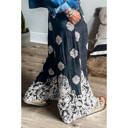 Black Plus Size Geometric Ethnic Print Drawstring Wide Leg Pants