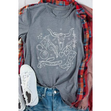 Gray Cowgirl Boots OX Head Western Fashion Print Crewneck Tee