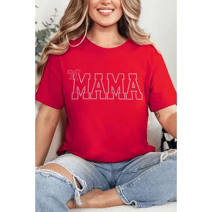 Red Rhinestone MAMA Bow Knot Pattern Crew Neck Loose Tee
