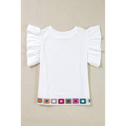 White Floral Crochet Patched Ruffled Sleeve Crewneck Blouse