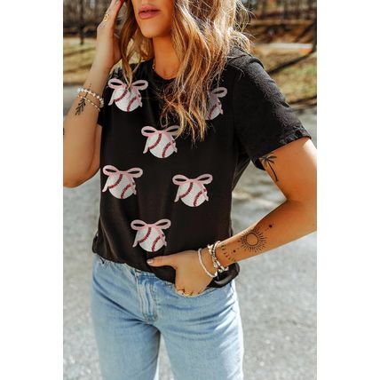 Black Shimmering Sequin Bow Ball Patterned Game Day Casual Tee