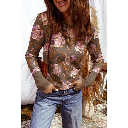 Brown Floral Print Waffle Textured Long Sleeve Top