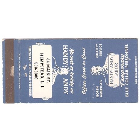 New York Hempstead Long Island Matchcover Handy Andy Labor Temporary Blue ~17