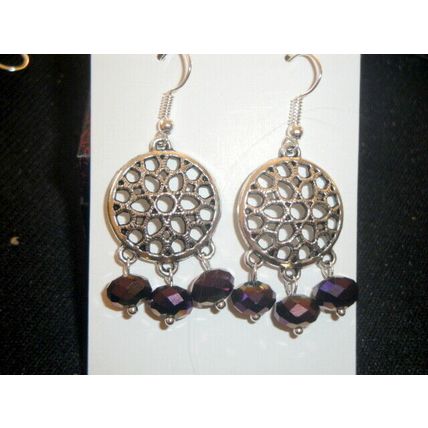 EP purple crystal glass Tibetan Asian shield style swing earrings
