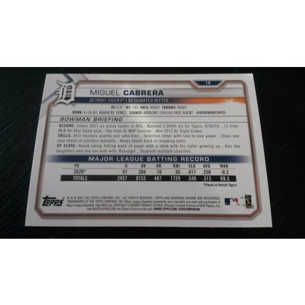 2021 Bowman Card # 019 Miguel Cabrera Mint (9) Detroit Tigers