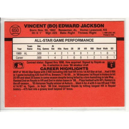 1990 Donruss baseball Bo Jackson card 650- NM - Royals All Star