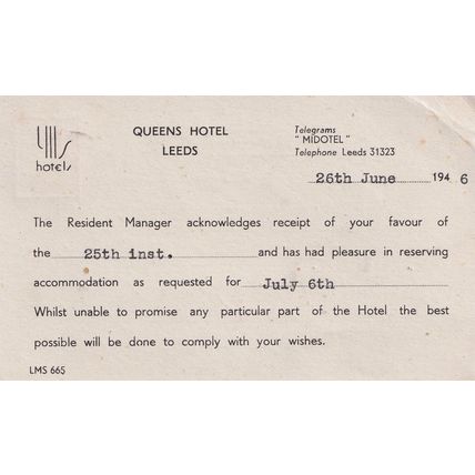 Queens Hotel Leeds Antique Bed Room Reservation Postcard