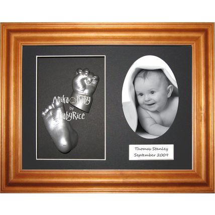Unique Gift Baby Casting Kit hand foot cast Honey Pine Display Frame Black Oval