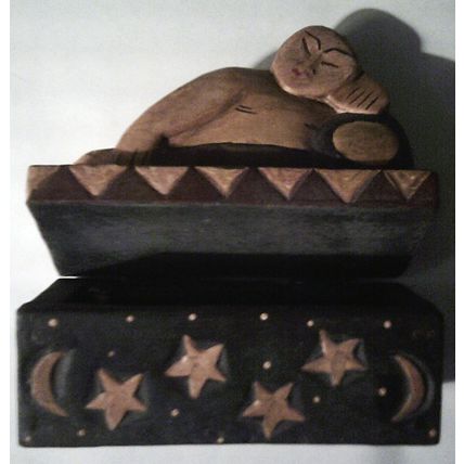 Wood Box hinged lid moon/star/figure design