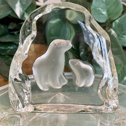 Polar Bear Art Glass Paperweight Clear Crystal Sculpture Mother & Baby Vintage