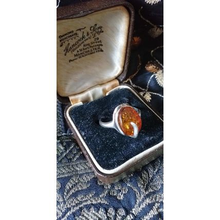 Vintage 1950-s Sterling Silver Amber Ring UK N, US 7 3/4 - Beautiful Design!