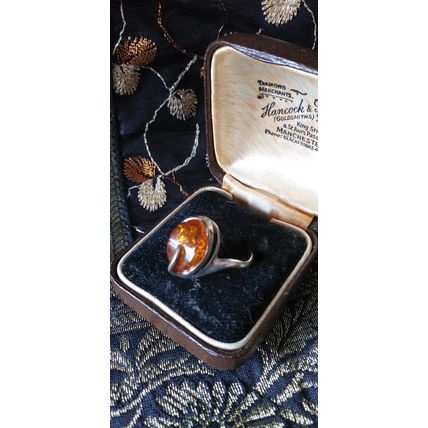 Vintage 1950-s Sterling Silver Amber Ring UK N, US 7 3/4 - Beautiful Design!