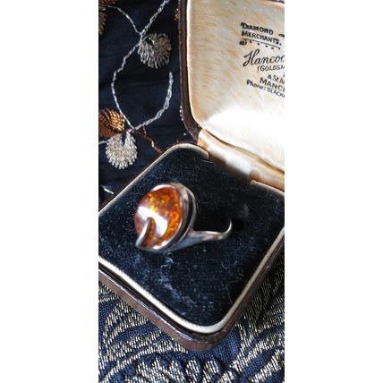 Vintage 1950-s Sterling Silver Amber Ring UK N, US 7 3/4 - Beautiful Design!