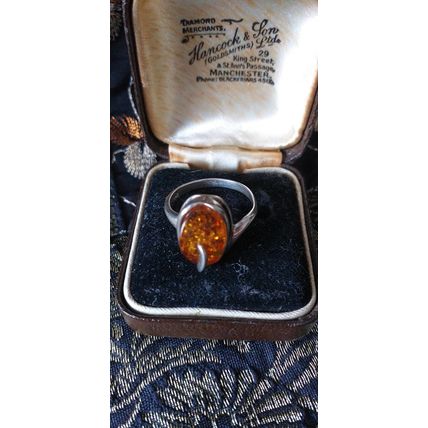 Vintage 1950-s Sterling Silver Amber Ring UK N, US 7 3/4 - Beautiful Design!
