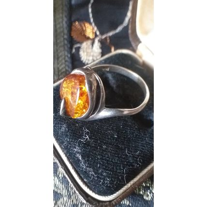Vintage 1950-s Sterling Silver Amber Ring UK N, US 7 3/4 - Beautiful Design!