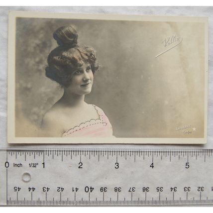 vintage French Greetings postcard - Girl with Top knot Hairstyle