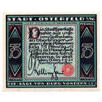 1921 Germany Osterfeld Notgeld 75 Pfennig Note (1238)