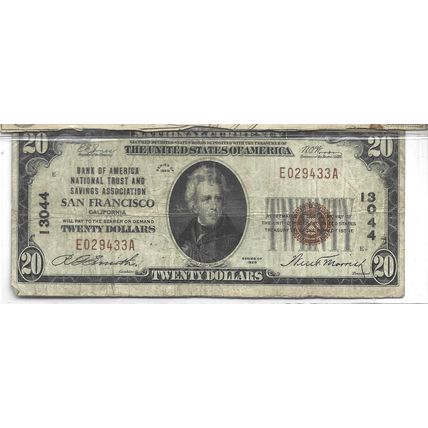 1929 $20.00Bank of America National Trust & savings Association San Francisco VF