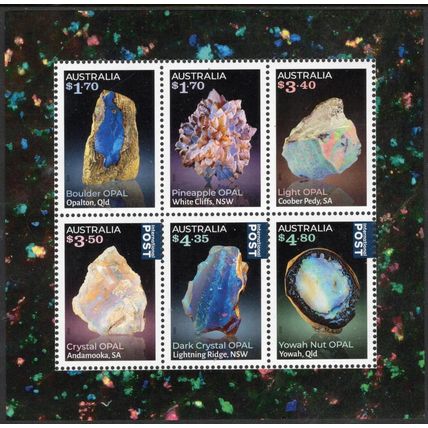 AUSTRALIA: 2025, EMBELLISHED OPALS, SHEETLET BLOCK OF 6 MNH STAMPS.
