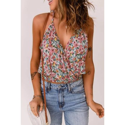 Multicolor Wrapped V Neck Floral Tank Crop Top
