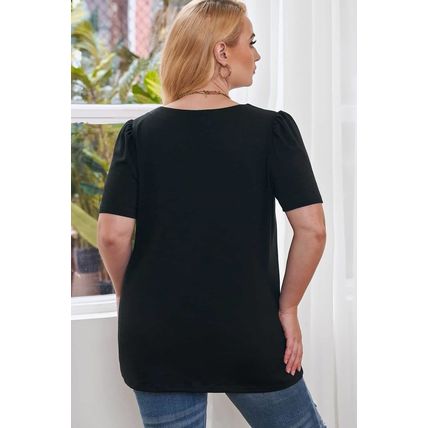 Black Plus Size Square Neck Ruched Shoulder Short Sleeve Top