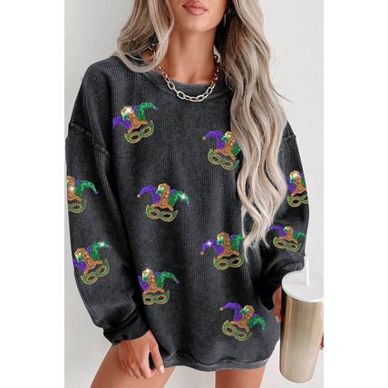 Black Mardi Gras Sequined Fleur De Lis Pattern Corded Sweatshirt